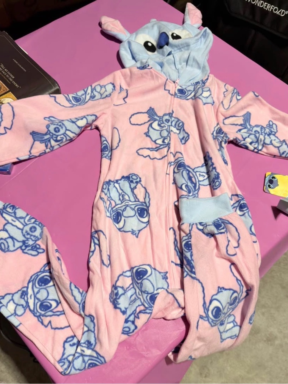 Disney Stitch Pink Hooded Kids Pajamas Onesie Size Small (6) NWT